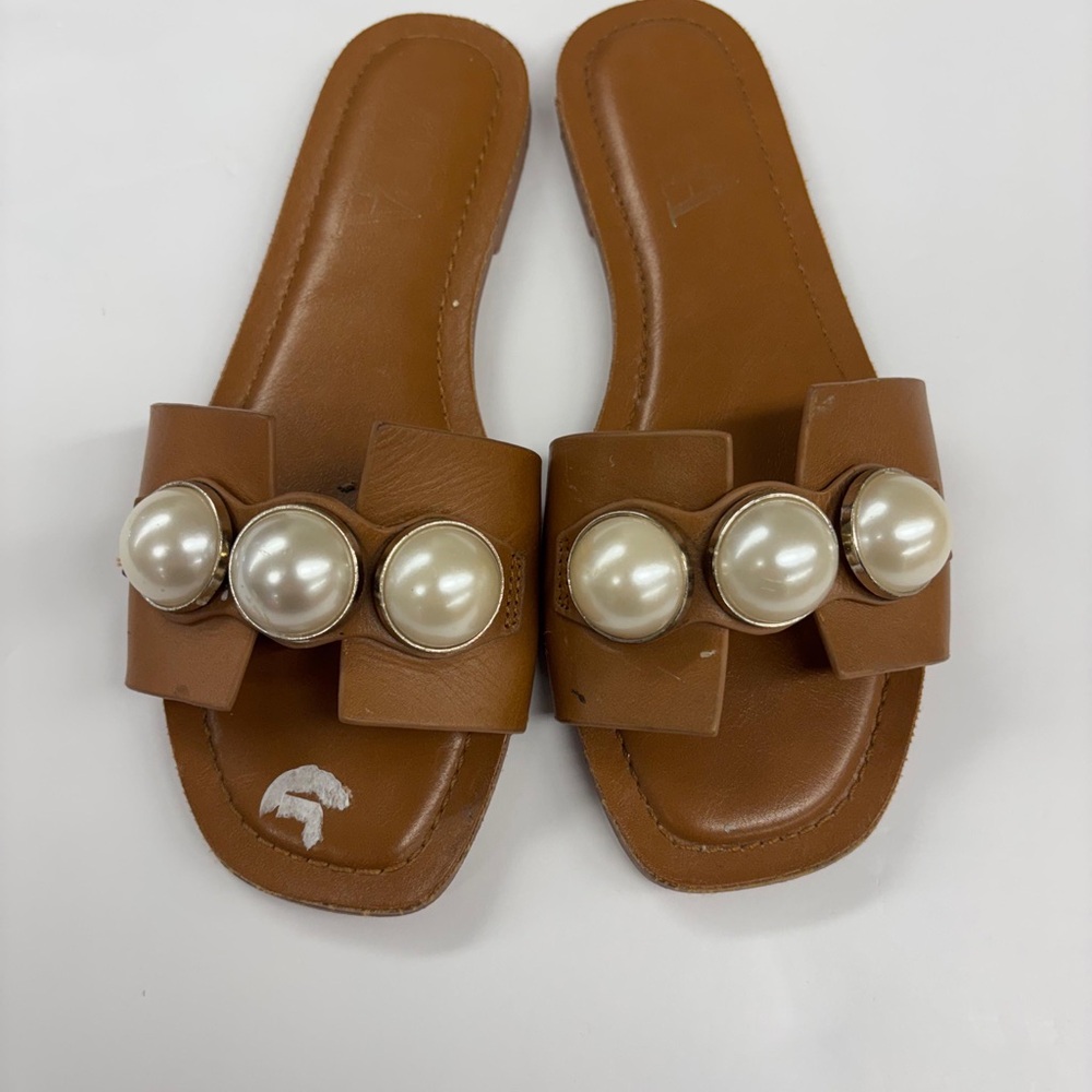 Zara Tan Leather Slide Sandals with Pearl Embellishments
